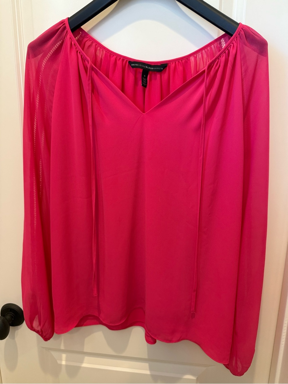 White House Black Market Bright Pink Sheer Tie-Neck Blouse